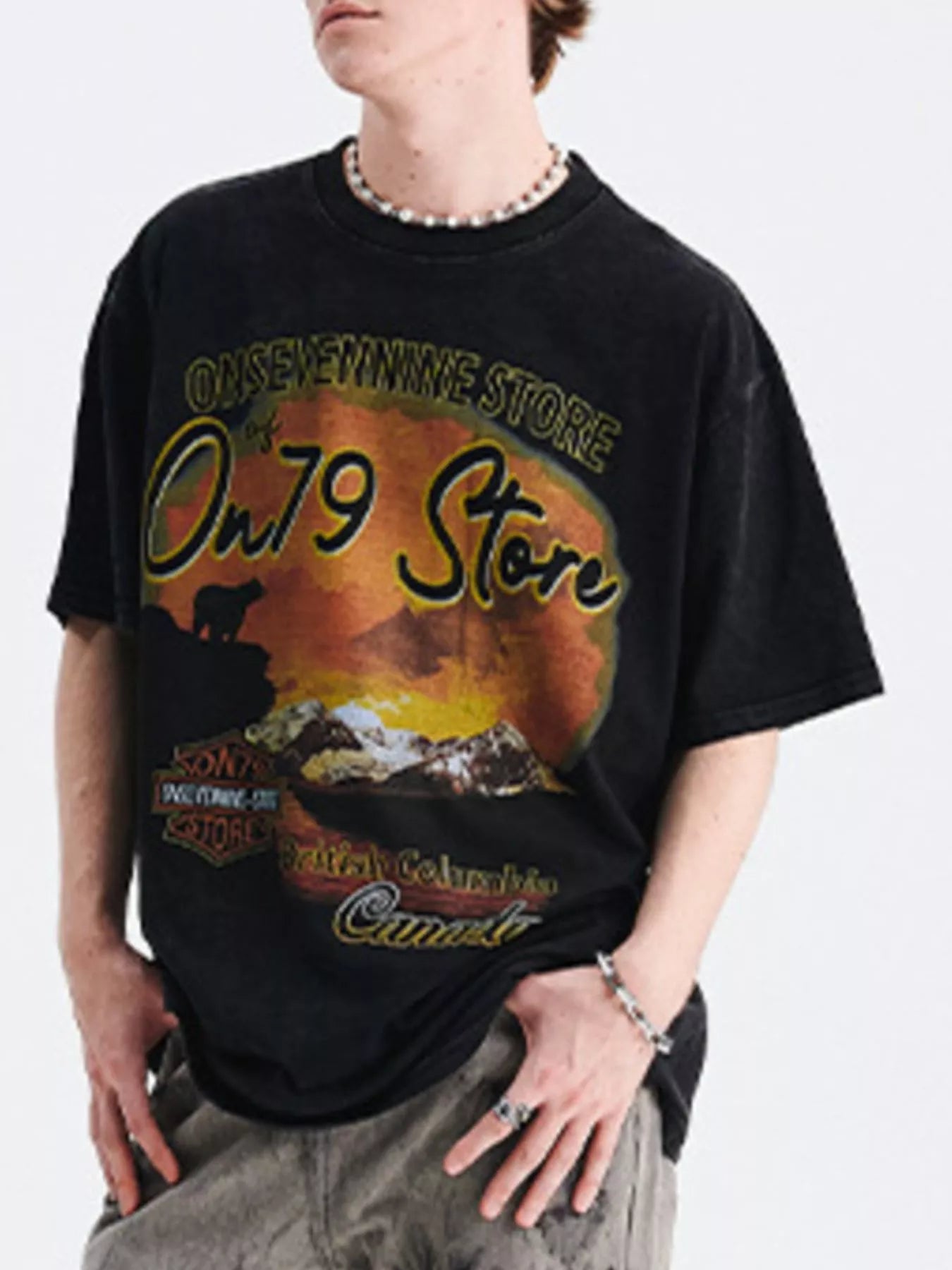 Men's Graphic Round Neck Oversized T-Shirt Wash Black