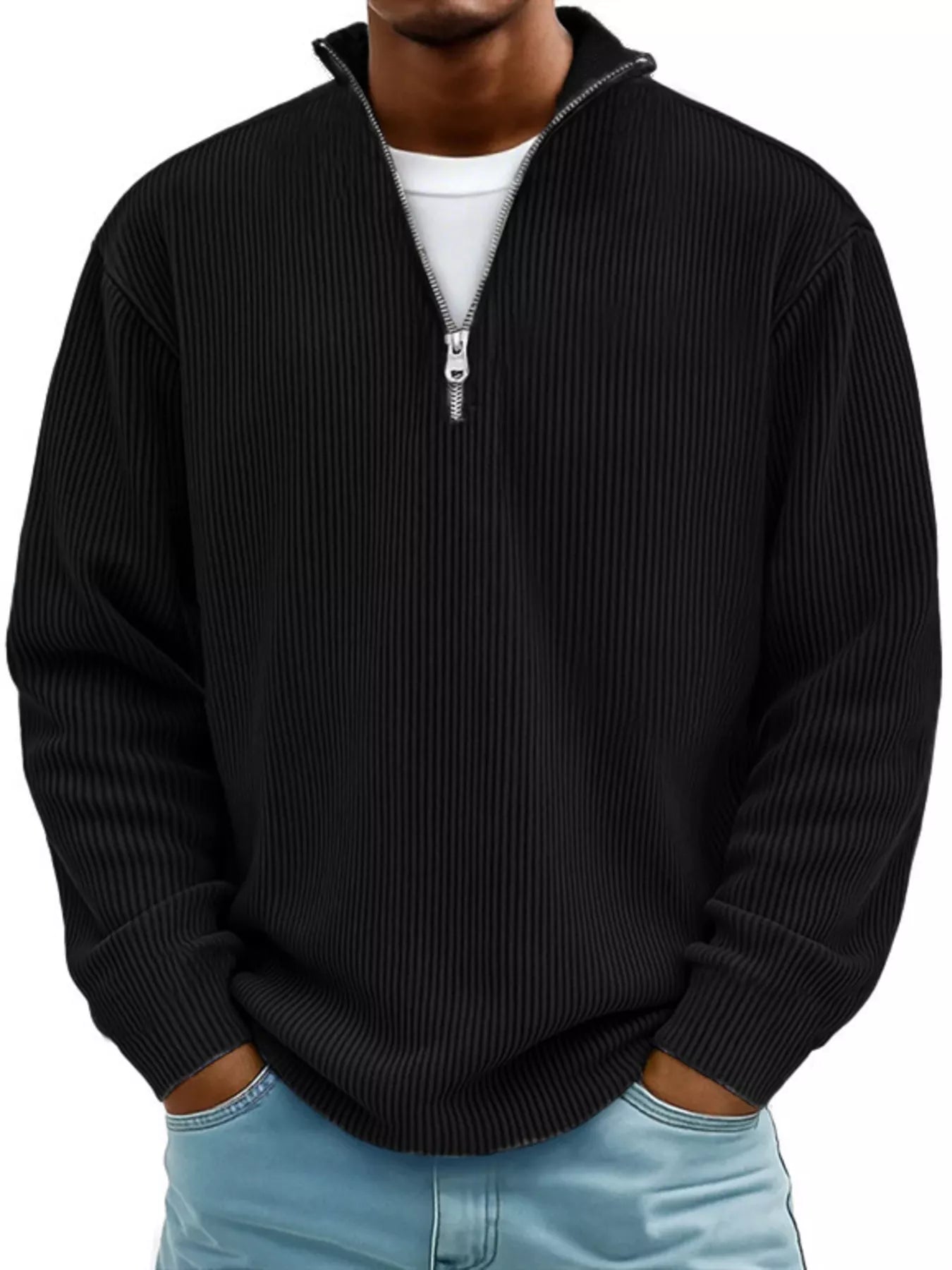 Men's Full Size Corduroy Quarter Zip Pullover Sweatshirt Black