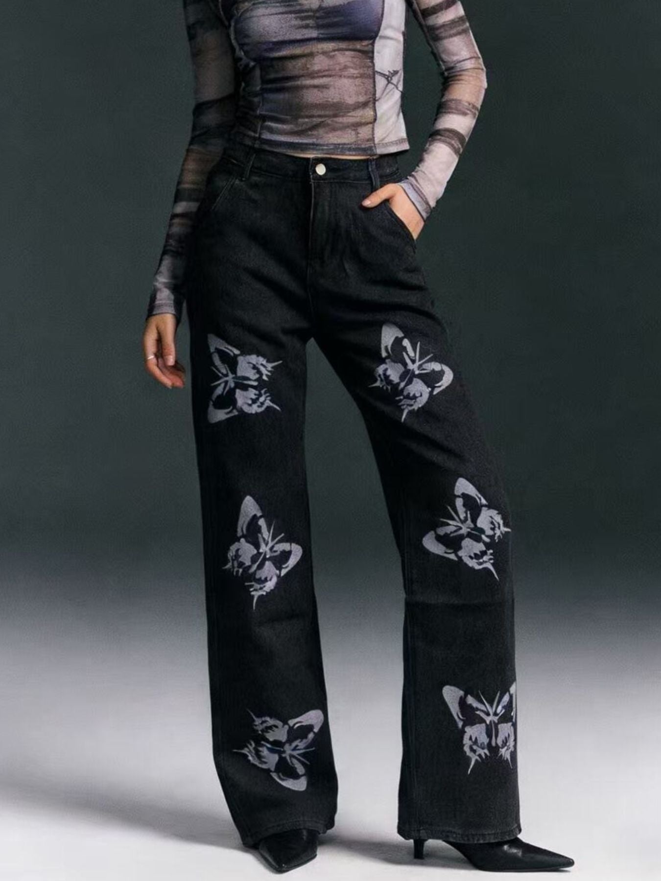 Butterfly Print High-Waisted Wide Leg Jeans Black