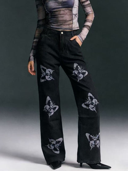Butterfly Print High-Waisted Wide Leg Jeans Black