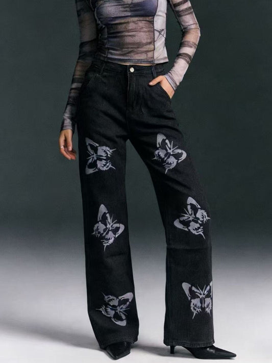 Butterfly Print High-Waisted Wide Leg Jeans Black