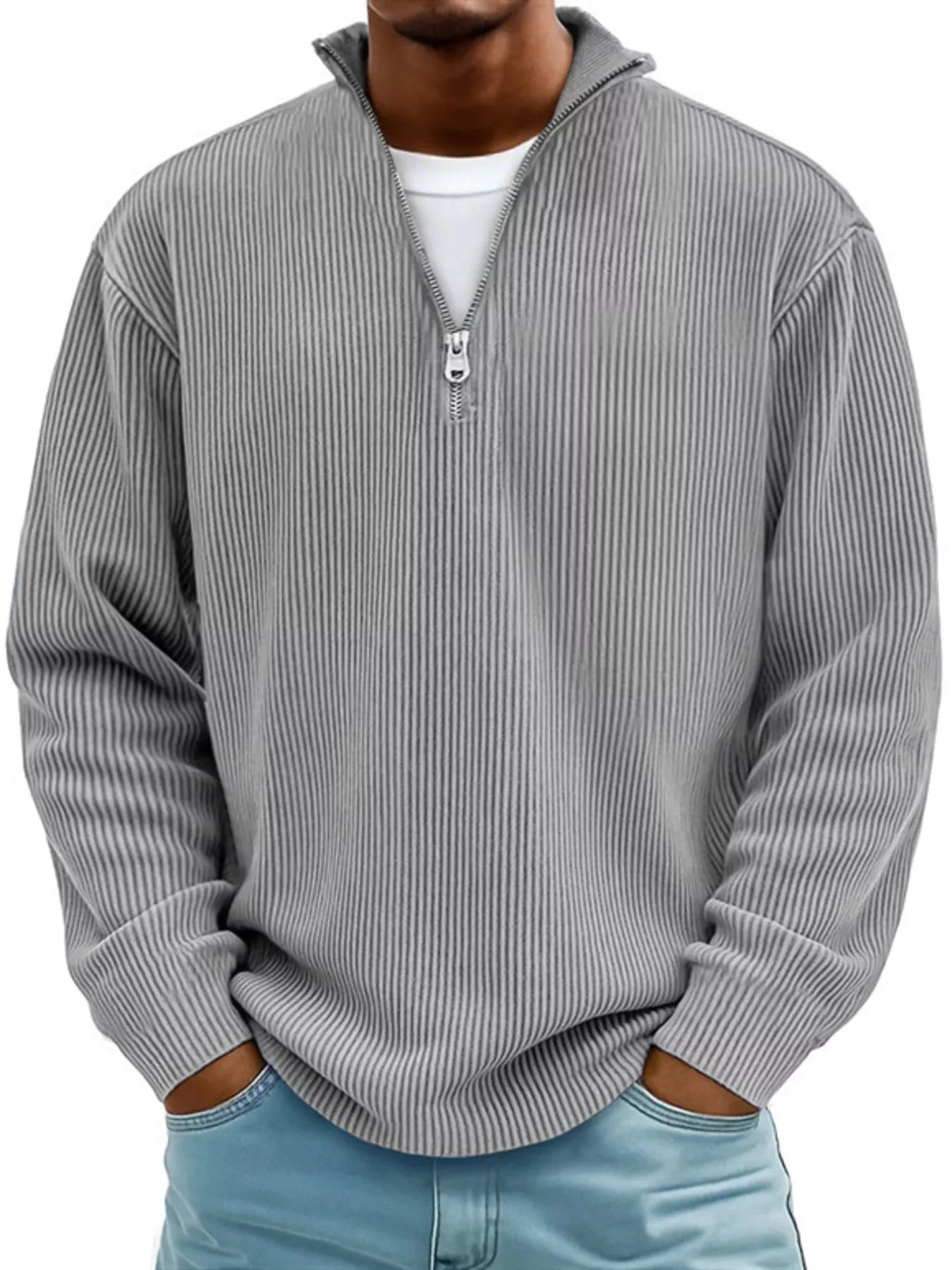 Men's Full Size Corduroy Quarter Zip Pullover Sweatshirt Gray