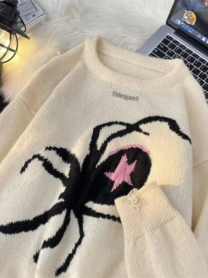 Men's Spider Graphic Distressed Hem Sweater Apricot