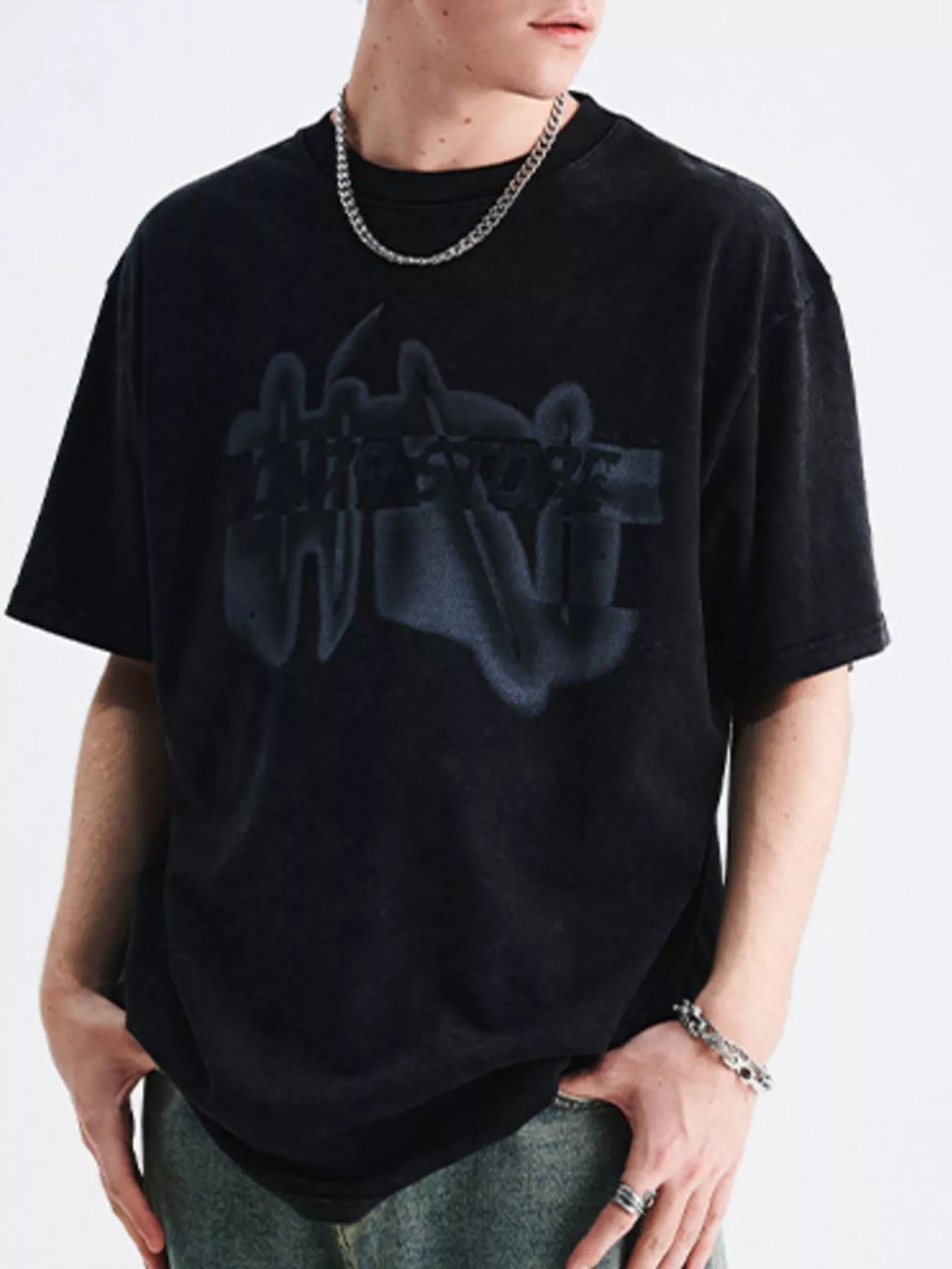 Men's Graphic Round Neck Oversized T-Shirt Black