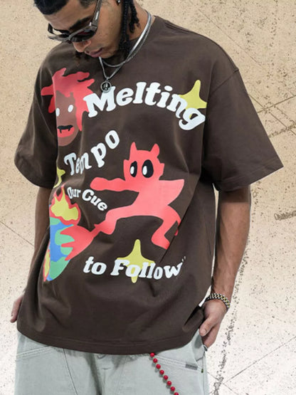 Men's Graphic Round Neck Oversized T-Shirt Brown