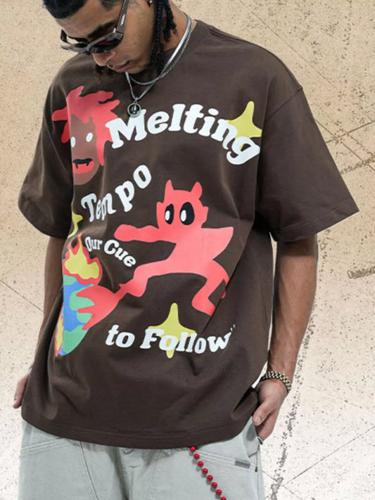 Men's Graphic Round Neck Oversized T-Shirt Brown