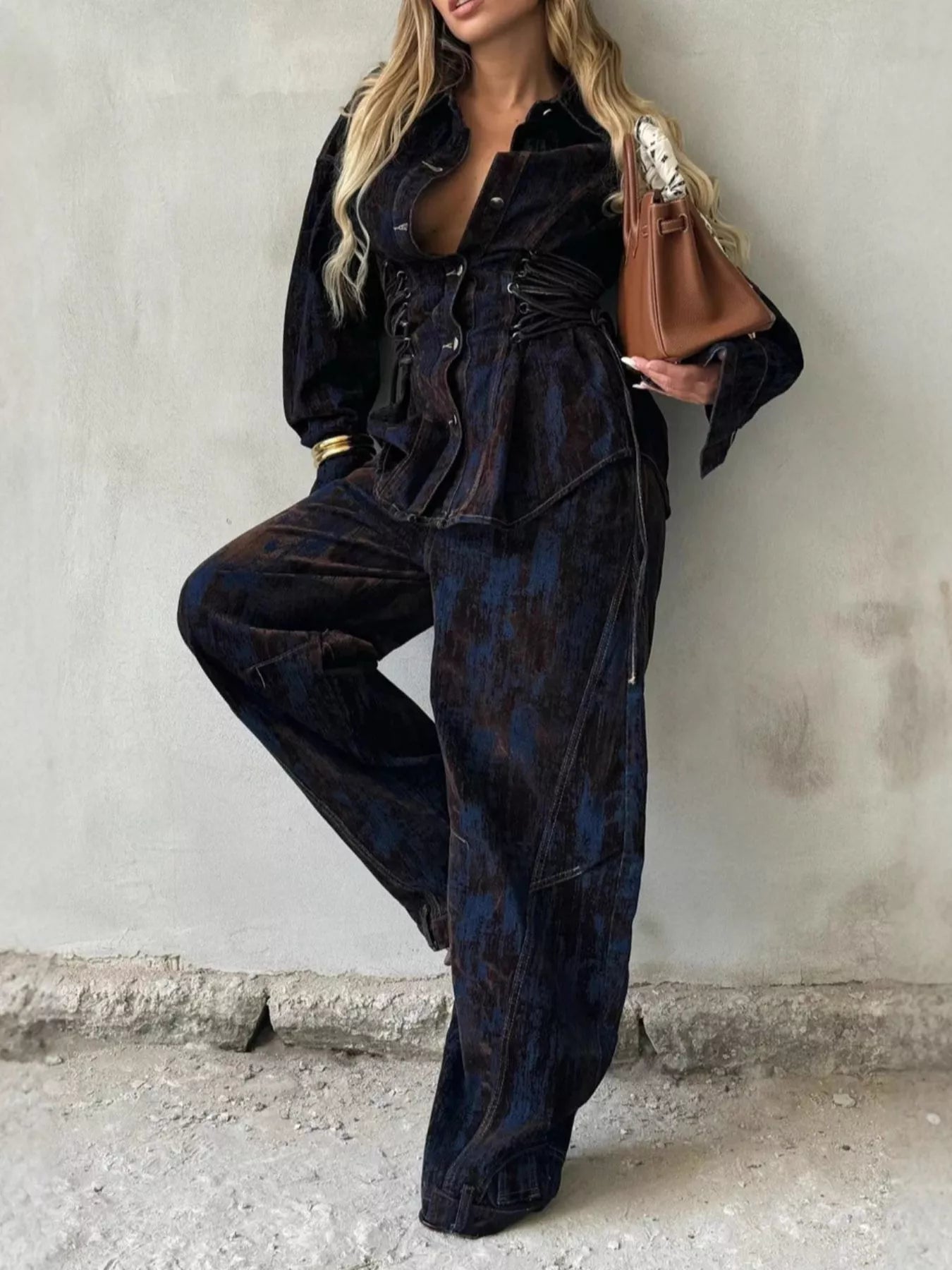 Lace Up Button Up Jacket and Jeans Denim Set